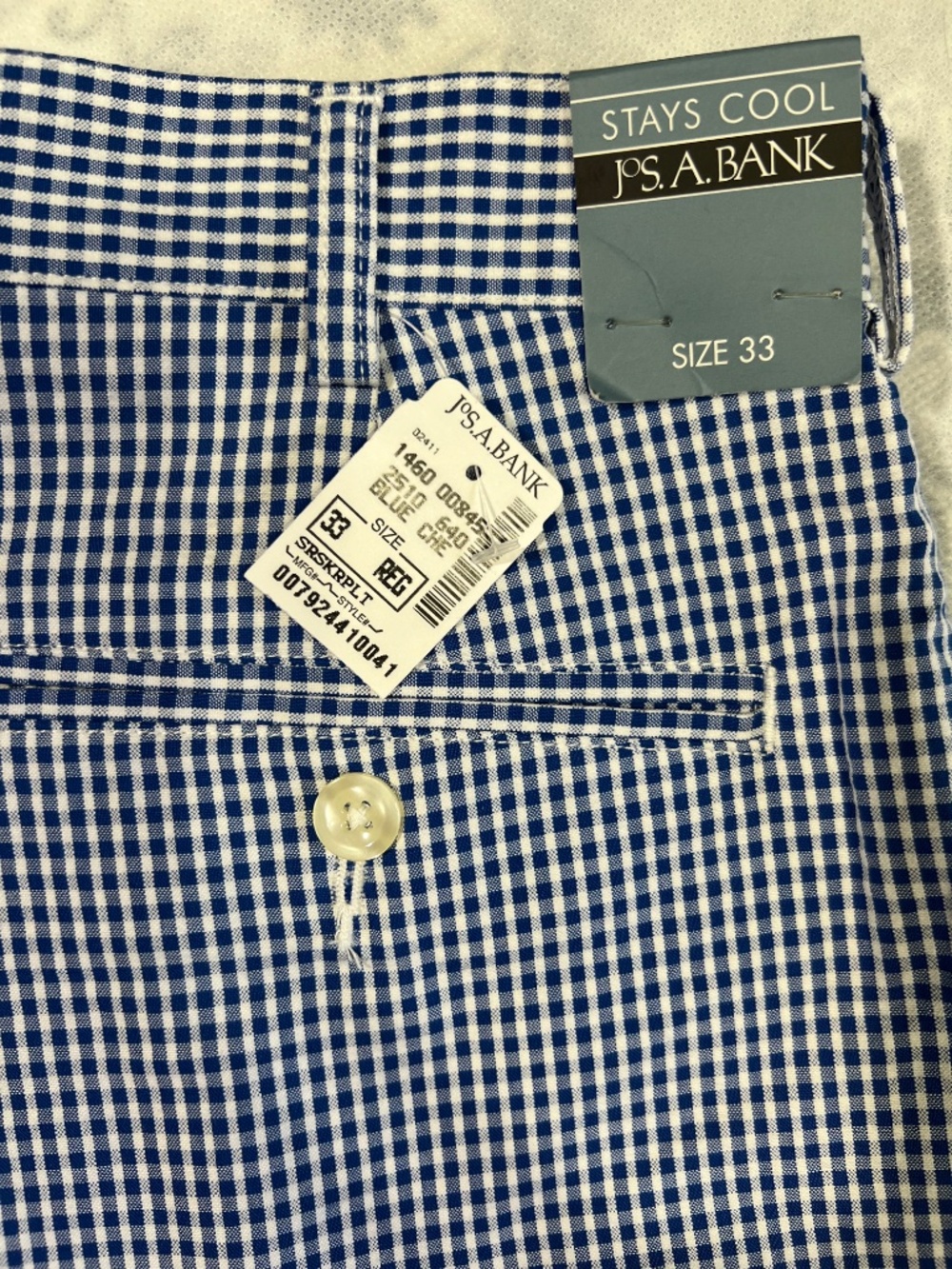 Jos. A. Bank Mens Shorts 33 Stays Cool Pleated Gingham Seersucker Blue Check NWT - Picture 4 of 11